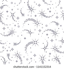 Space seamless background with stars, undiscovered galaxy cosmic fantastic and interesting textile fabric for children, endless tiling pattern, vector illustration.