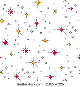 Space seamless background with stars, undiscovered galaxy cosmic fantastic and interesting textile fabric for children, endless tiling pattern, vector illustration.