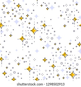 Space seamless background with stars, undiscovered galaxy cosmic fantastic and interesting textile fabric for children, endless tiling pattern, vector illustration.