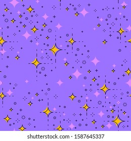 Space seamless background with stars, undiscovered galaxy cosmic fantastic and interesting textile fabric for children, endless tiling pattern, vector illustration.