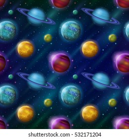 Space Seamless Background with Various Fantastic Planets and Moons. Tile Pattern for Your Web Design. Elements of This Image Furnished By NASA. Eps10, Contains Transparencies. Vector