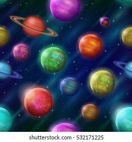 Space Seamless Background with Various Fantastic Planets and Moons. Tile Pattern for Your Web Design. Elements of This Image Furnished By NASA. Eps10, Contains Transparencies. Vector