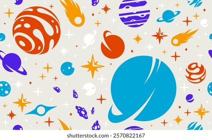 Space seamless background, vector planets and comets flying in cosmos endless wallpaper, astronomy for children tiling pattern, elements easy to use separately.