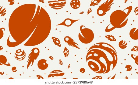 Space seamless background, vector planets and comets flying in cosmos endless wallpaper, astronomy for children tiling pattern, elements easy to use separately.