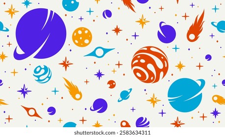 Space seamless background, vector planets and comets flying in cosmos endless wallpaper, astronomy for children tiling pattern, elements easy to use separately.