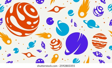 Space seamless background, vector planets and comets flying in cosmos endless wallpaper, astronomy for children tiling pattern, elements easy to use separately.