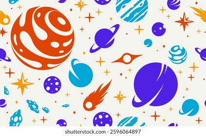 Space seamless background, vector planets and comets flying in cosmos endless wallpaper, astronomy for children tiling pattern, elements easy to use separately.