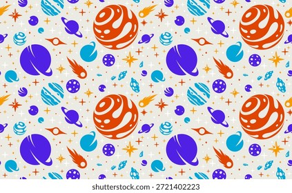 Espaço fundo sem emenda, planetas vetoriais e cometas voando no cosmos papel de parede interminável, astronomia para crianças padrão de azulejos, elementos fáceis de usar separadamente.