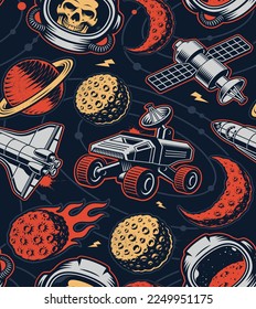 Space seamless background in vintage style with design elements such as asteroid, space rover, skull astronaut, planets, shuttle