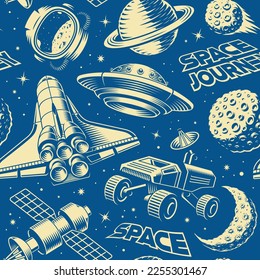 Space seamless background in vintage style with design elements such as asteroid, space rover, planets, astronaut helmet, satellite, flying saucer