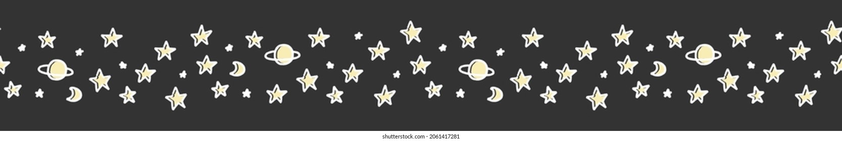 Space seamless border design with planet and star hand drawn graphic in black, white and yellow colours.