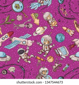 space, seamless colored illustration of pattern decoration and design background in the style of childrens drawings vector