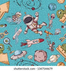 space, seamless colored illustration of pattern decoration and design background in the style of childrens drawings vector