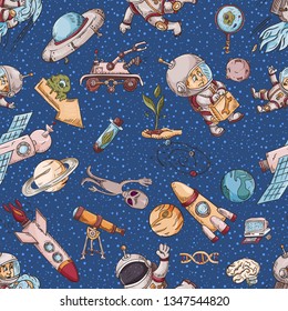 space, seamless colored illustration of pattern decoration and design background in the style of childrens drawings vector