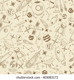 Space seamless line art design vector illustration. Separate objects. Hand drawn doodle design elements.