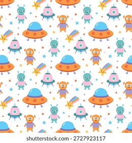 Modelo inconsútil del espacio con los extraterrestres, la nave espacial, el cometa, las estrellas y el satélite, ideal para la tela, materia textil, Fondo de pantalla, estilo plano