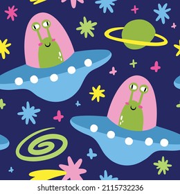 Space seamless pattern with aliens and stars on a white background. Vector illustration for printing on textiles, wrapping paper, wallpaper for decorating children's rooms