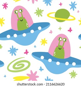 Space seamless pattern with aliens and stars on a white background. Vector illustration for printing on textiles, wrapping paper, wallpaper for decorating children's rooms