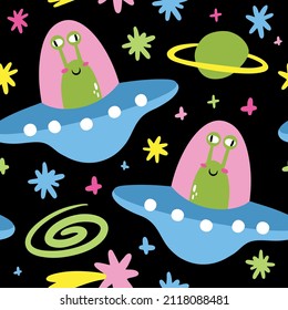 Space seamless pattern with aliens and stars on a white background. Vector illustration for printing on textiles, wrapping paper, wallpaper for decorating children's rooms