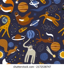 Space seamless pattern with animals. Fashionable background for children's designs. Vector illustration