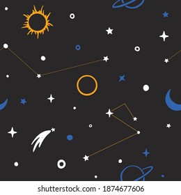 Space seamless pattern. Astrological or astronomical background. Sun, Saturn, constellations, comets and stars on a dark background. Vector shabby hand drawn illustration