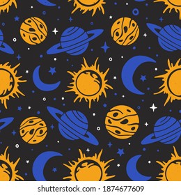 Space seamless pattern. Astrological or astronomical background. Sun, Mars, Saturn, Moon and stars on a dark background. Vector shabby hand drawn illustration