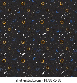 Space seamless pattern. Astrological background. Sun, Saturn, constellations, comets and stars on a dark background. Vector shabby hand drawn illustration