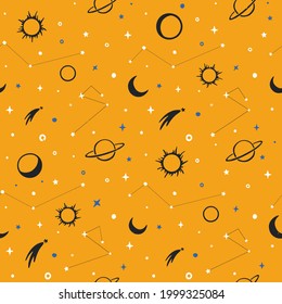 Space seamless pattern. Astrological background. Sun, Saturn, constellations, kamets and stars on a yellow background. Vector shabby hand drawn illustration