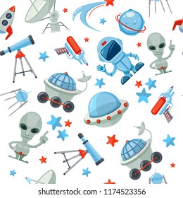 Space seamless pattern. Astronaut alien UFO ship and rocket different stars and satellites futuristic vector white background