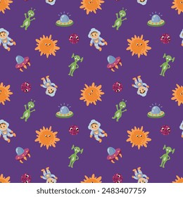 Patrón de espacio sin costuras. Astronauta, alienígena, OVNI, sol, planetas. Diseño para tela, textil, Fondo de pantalla, embalaje.