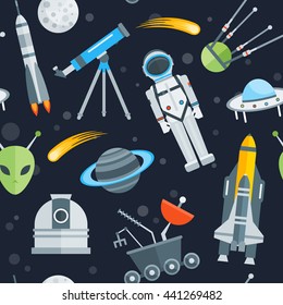 Space seamless pattern with astronaut landing capsule rocket shuttle comet alien satellites on blue background vector illustration