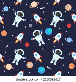 Space seamless pattern. An astronaut and a rocket against the background of the planets of the solar system.