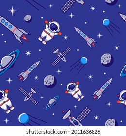 Space seamless pattern with astronaut, rockets, station, satellites, planets and stars used for baby clothes, packaging, fabric, background and other products.
