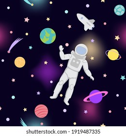Space Seamless Pattern with astronaut for textile prints and repeat backgrounds.