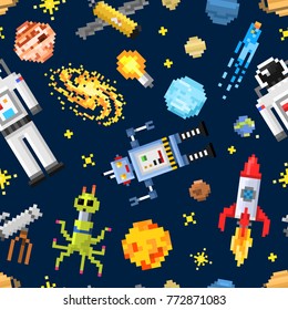 space seamless pattern background, alien spaceman, robot rocket and satellite cubes solar system planets pixel art, digital vintage game style. Mercury, Venus, Earth, Mars, Jupiter, Saturn.
