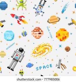 space seamless pattern background, alien spaceman, robot rocket and satellite cubes solar system planets pixel art, digital vintage game style. Mercury, Venus, Earth, Mars, Jupiter, Saturn.