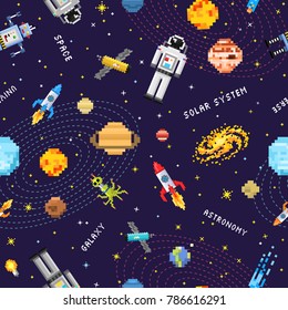 space seamless pattern background, alien spaceman, robot rocket and satellite cubes solar system planets pixel art, digital vintage game style. Mercury, Venus, Earth, Mars, Jupiter, Saturn.