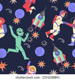 Space seamless pattern background with children astronauts and funny green alien. Endless texture for baby clothes and wallpaper, flat cartoon vector illustration.