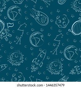 Space seamless pattern background. Cute astronaut, rocket, and planet cartoon seamless pattern