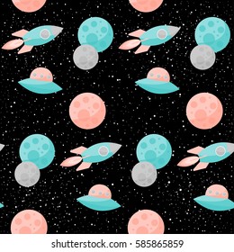 Space seamless pattern background with pink, grey, blue stars and spaceship on black open space cover for card, invitation, album, sketch book, scrapbook, wrapping paper, textile fabric, garment etc