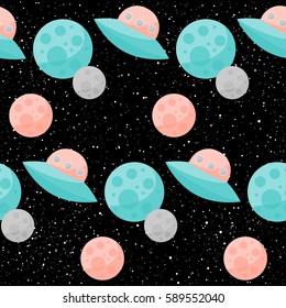 Space seamless pattern background with pink, grey, blue stars and spaceship on black open space cover for card, invitation, album, sketch book, scrapbook, wrapping paper, textile fabric, garment etc