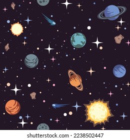 Fondo de patrón sin costuras en el espacio. Planetas, estrellas, asteroides, cometas en el espacio exterior. Ilustración vectorial.