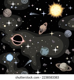 Fondo de patrón sin costuras en el espacio. Planetas, estrellas, asteroides, agujero negro en el espacio exterior. Ilustración vectorial.