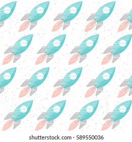 Space seamless pattern background. Spaceship on white cover for card, invitation, album, sketch book, scrapbook, wrapping paper, textile fabric, garment etc