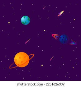 Space. Seamless pattern. Background with stars, planets and rocket