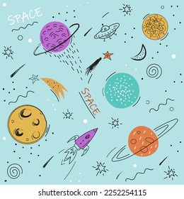 Space. Seamless pattern. Background with stars, planets and rocket