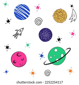 Raum. Nahtloses Muster. Hintergrund mit Sternen, Planeten und Raketen