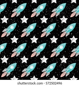 Space seamless pattern background with white stars and spaceship on black open space cover for card, invitation, album, sketch book, scrapbook, wrapping paper, textile fabric, garment etc
