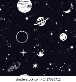 Space Seamless Pattern, Beautiful Galaxy, Stars, Planets, Constellations In Outer Space. Texture For Wallpapers, Fabric, Wrap, Web Page Backgrounds, Vector Illustration