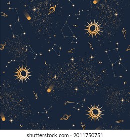 Space seamless pattern, beautiful galaxy, stars, planets, constellations in outer space. Texture for wallpapers, fabric, wrap, web page backgrounds, vector illustration. Retro illustration. 